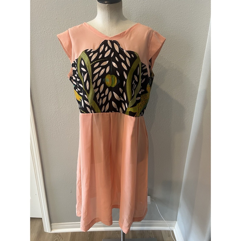 Brenji Women's Peach Black African Print Bird Colorblock Dress Size L